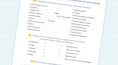 exercice Français - CM2  - Les expressions avec des noms d?animaux