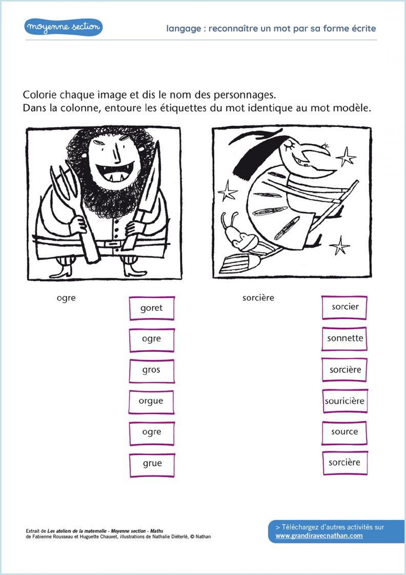Activités Moyenne Section à Imprimer Reconnaître un mot par sa forme écrite - Exercices et activités en moyenne section | Grandir avec Nathan