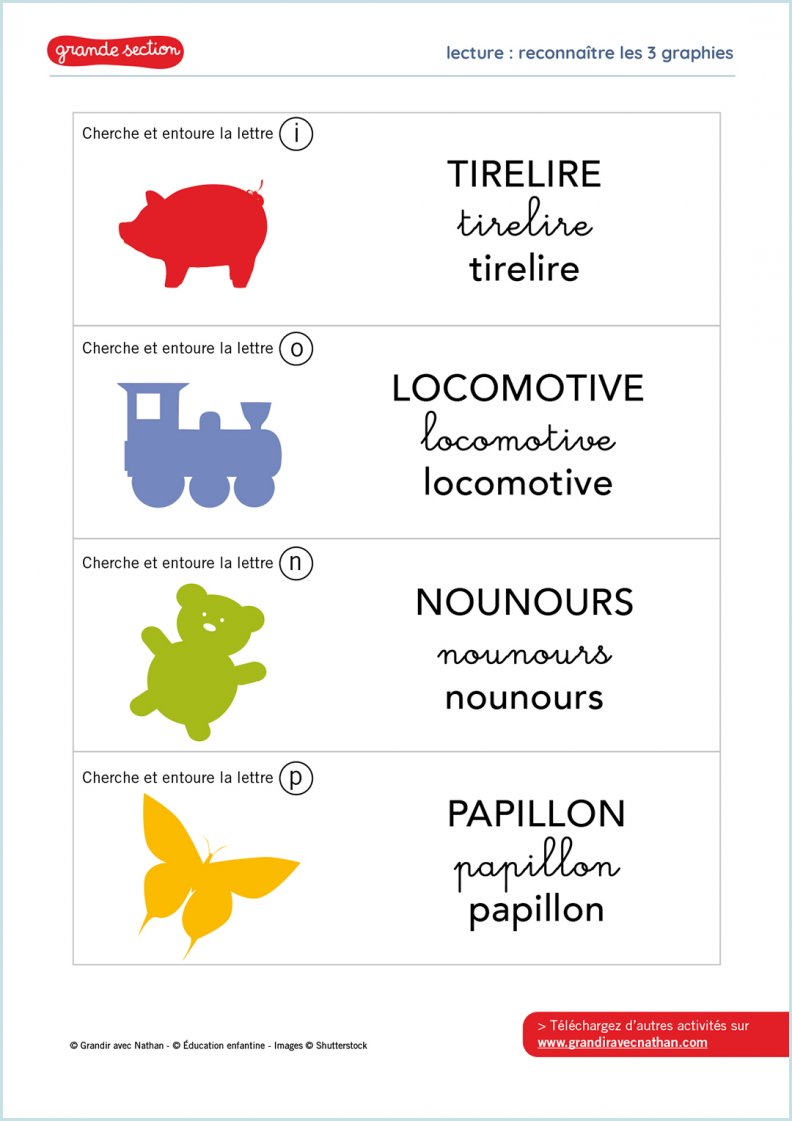 Lecture Grande Section à Imprimer Reconnaître les 3 graphies - Exercices et activités en grande section | Grandir avec Nathan