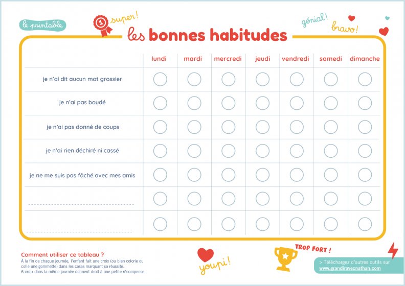 Tableau de croissance des habitudes pour enfants, jouets