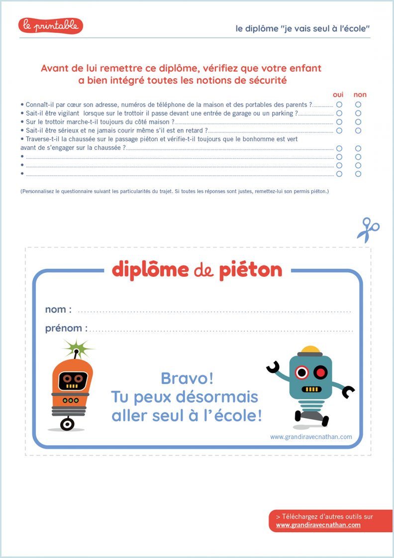 Test Permis Piéton Ce2 à Imprimer Le diplôme "je vais seul à l'école" - Outils routines pour la vie quotidienne | Grandir avec Nathan