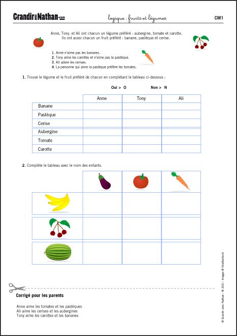 Fruits et légumes - Exercices en CM1